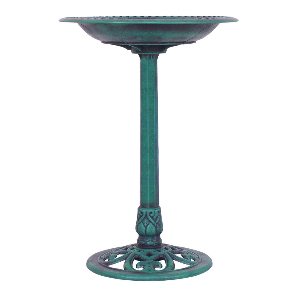 Green pedestal bird bath feeder made of weather-resistant resin, featuring a decorative bowl and stable base for.