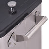 Close-up of the stainless steel handle on the 80 Quart Patio Rolling Ice Beverage Cooler for easy mobility and access.