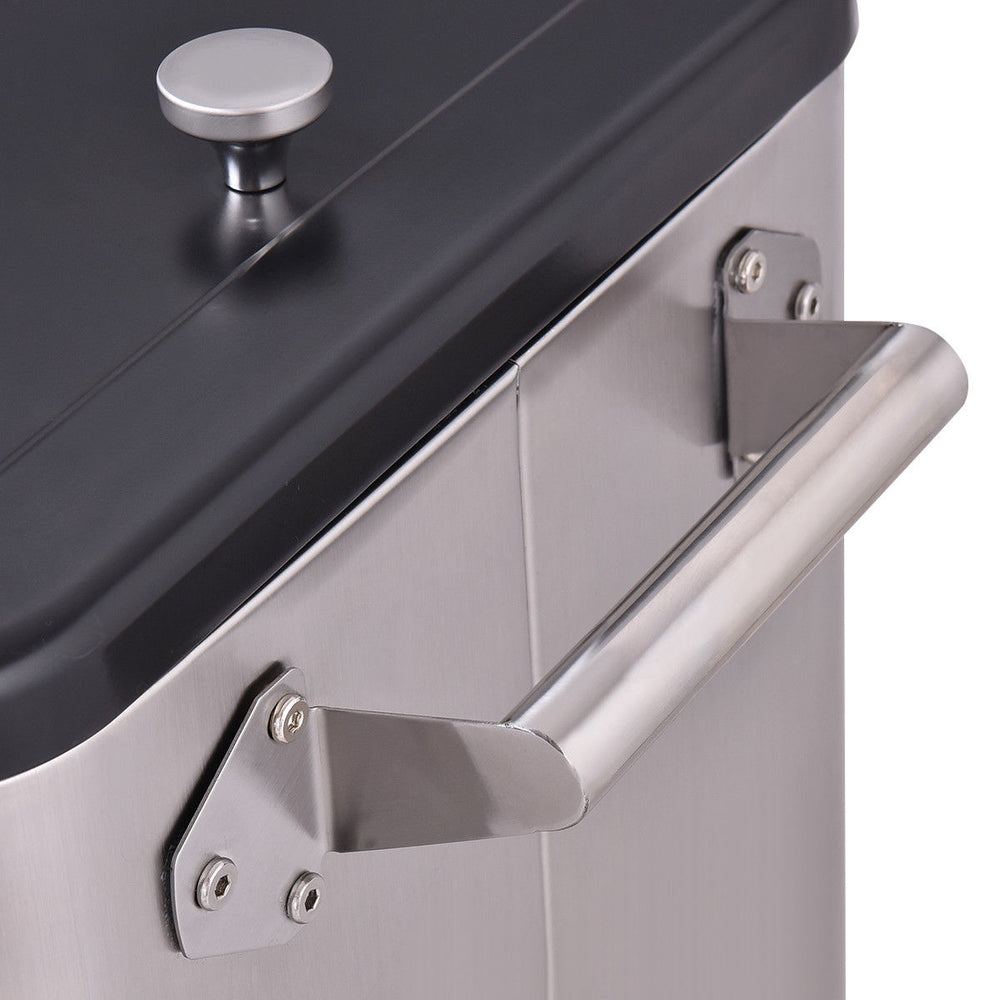 Close-up of the stainless steel handle on the 80 Quart Patio Rolling Ice Beverage Cooler for easy mobility and access.