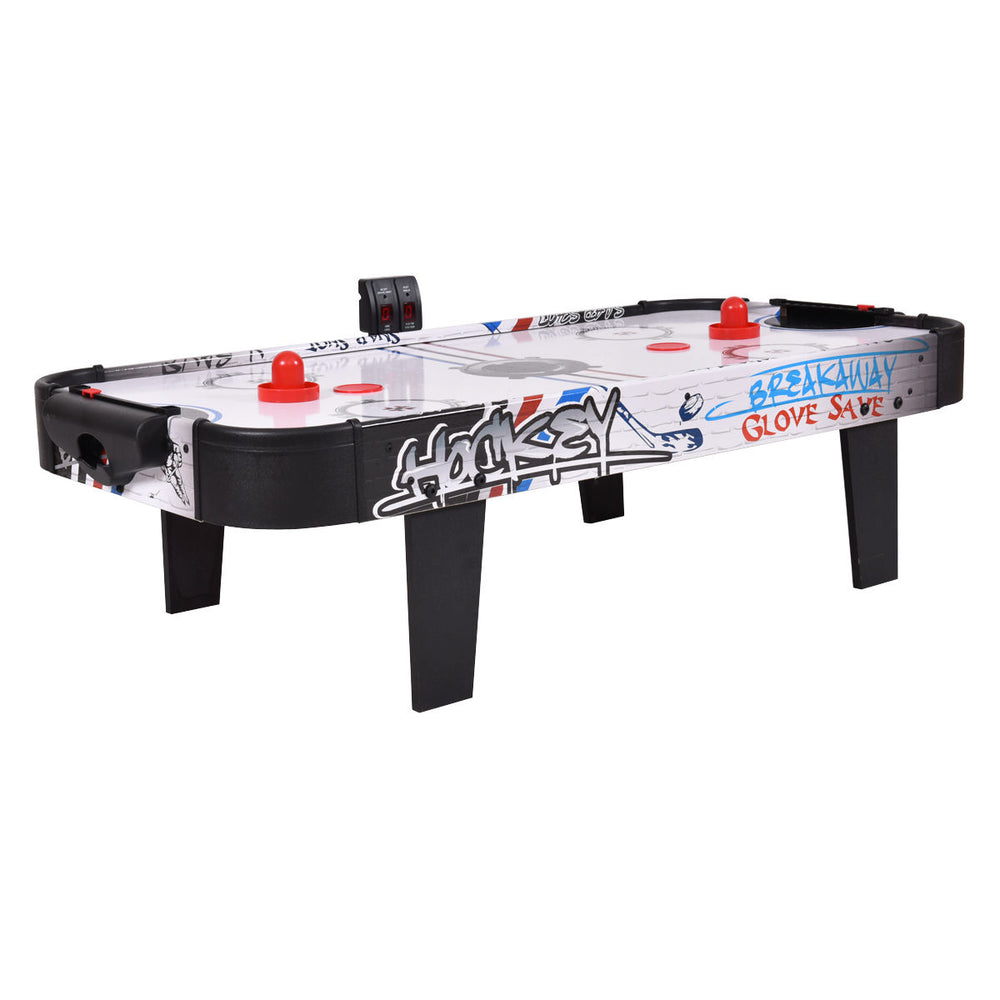 42-inch air hockey table with electronic scoring, includes two pucks and pushers, perfect for kids' tabletop play.