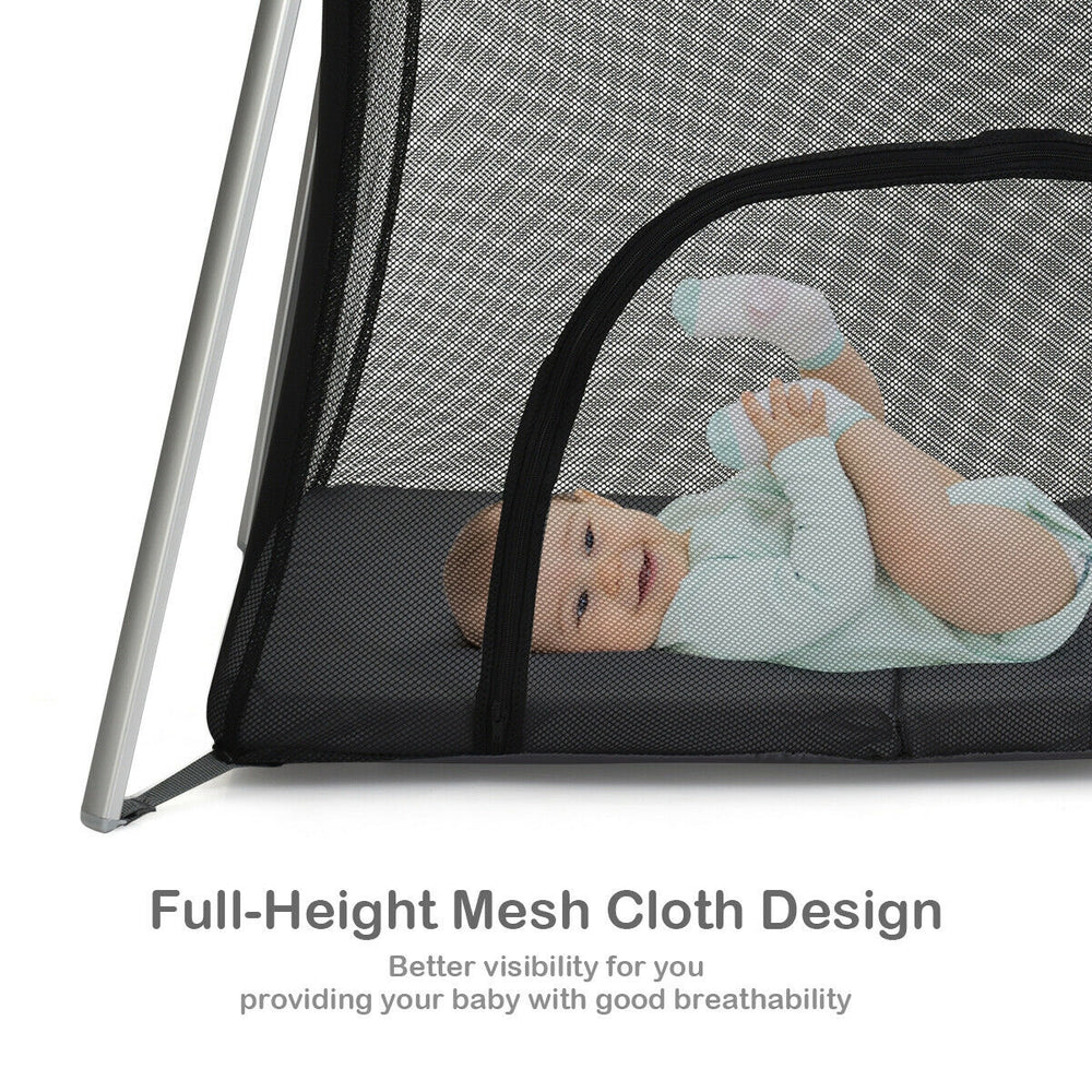 Lightweight foldable baby playpen in dark gray with breathable mesh design and soft mattress for comfortable play and.