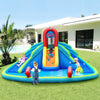 Inflatable water slide bounce house with two slides and mighty splash pool for outdoor summer fun for kids.