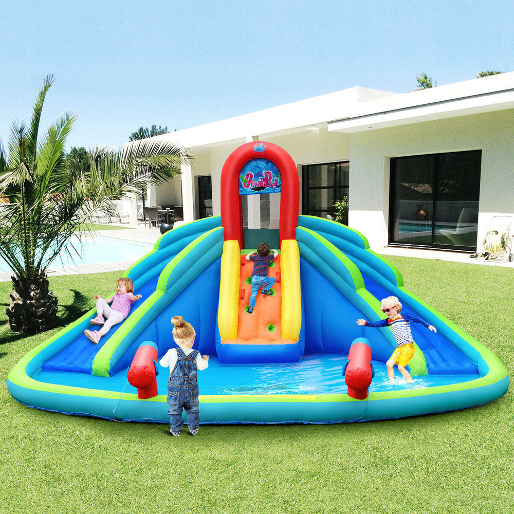 Inflatable water slide bounce house with two slides and mighty splash pool for outdoor summer fun for kids.