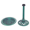 Green pedestal bird bath feeder with decorative bowl, made of weather-resistant resin for outdoor use.