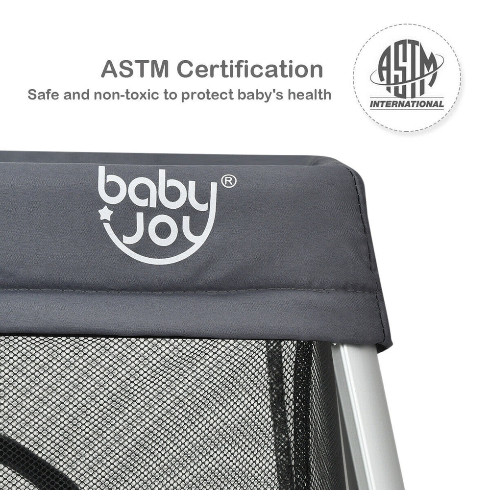 Lightweight foldable baby playpen in dark gray with ASTM certification, featuring breathable mesh and a convenient.