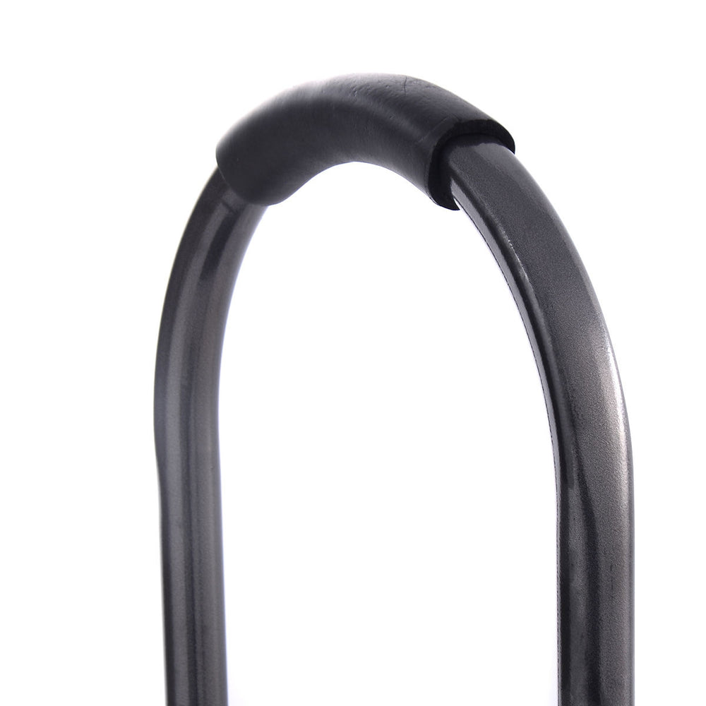 Close-up of the handle on a heavy-duty step stool, featuring a sturdy powder-coated iron construction for safety.