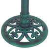 Close-up of the green pedestal base of a weather-resistant bird bath feeder, featuring an ornate design for outdoor use.