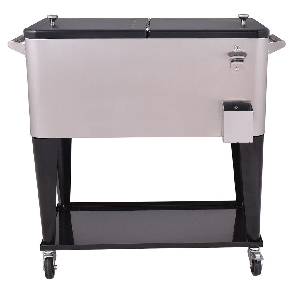 Stainless steel 80 quart patio rolling ice beverage cooler with two access lids and locking casters for easy mobility.