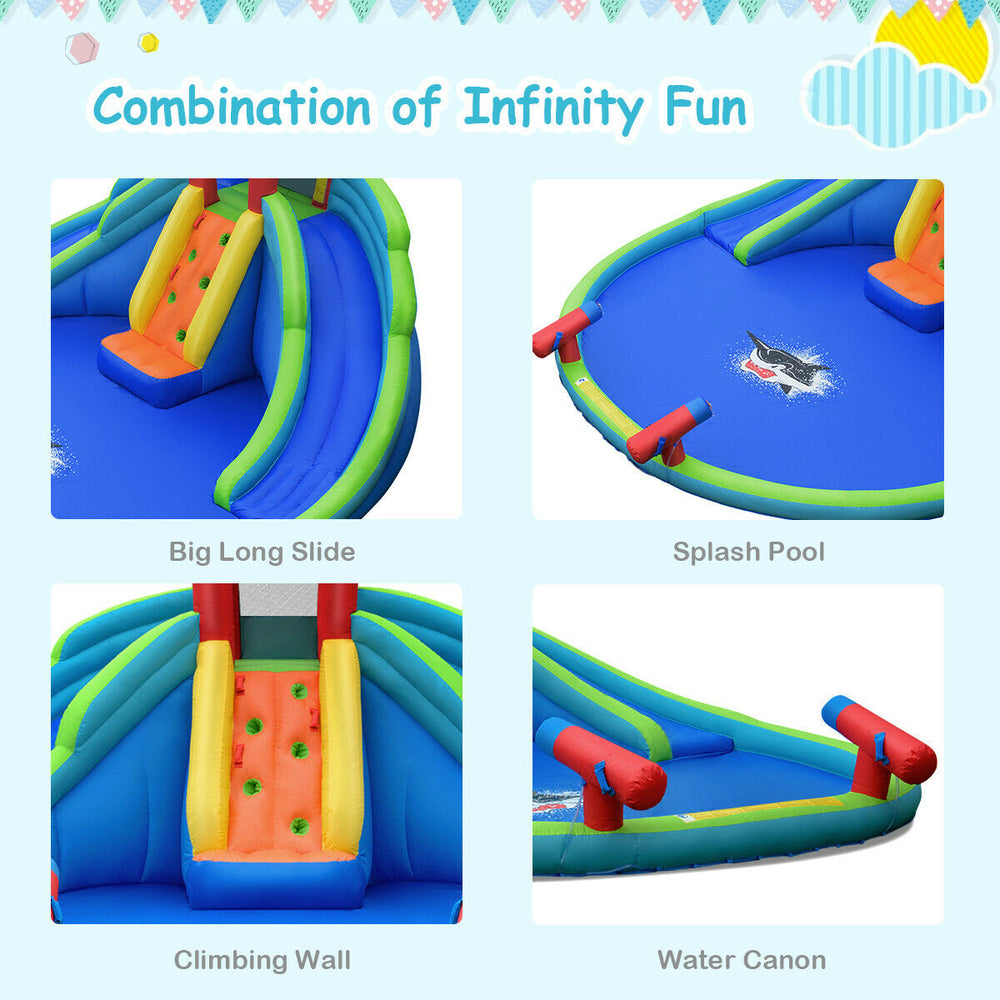 Inflatable water slide bounce house with climbing wall, splash pool, and water cannon for outdoor summer fun.