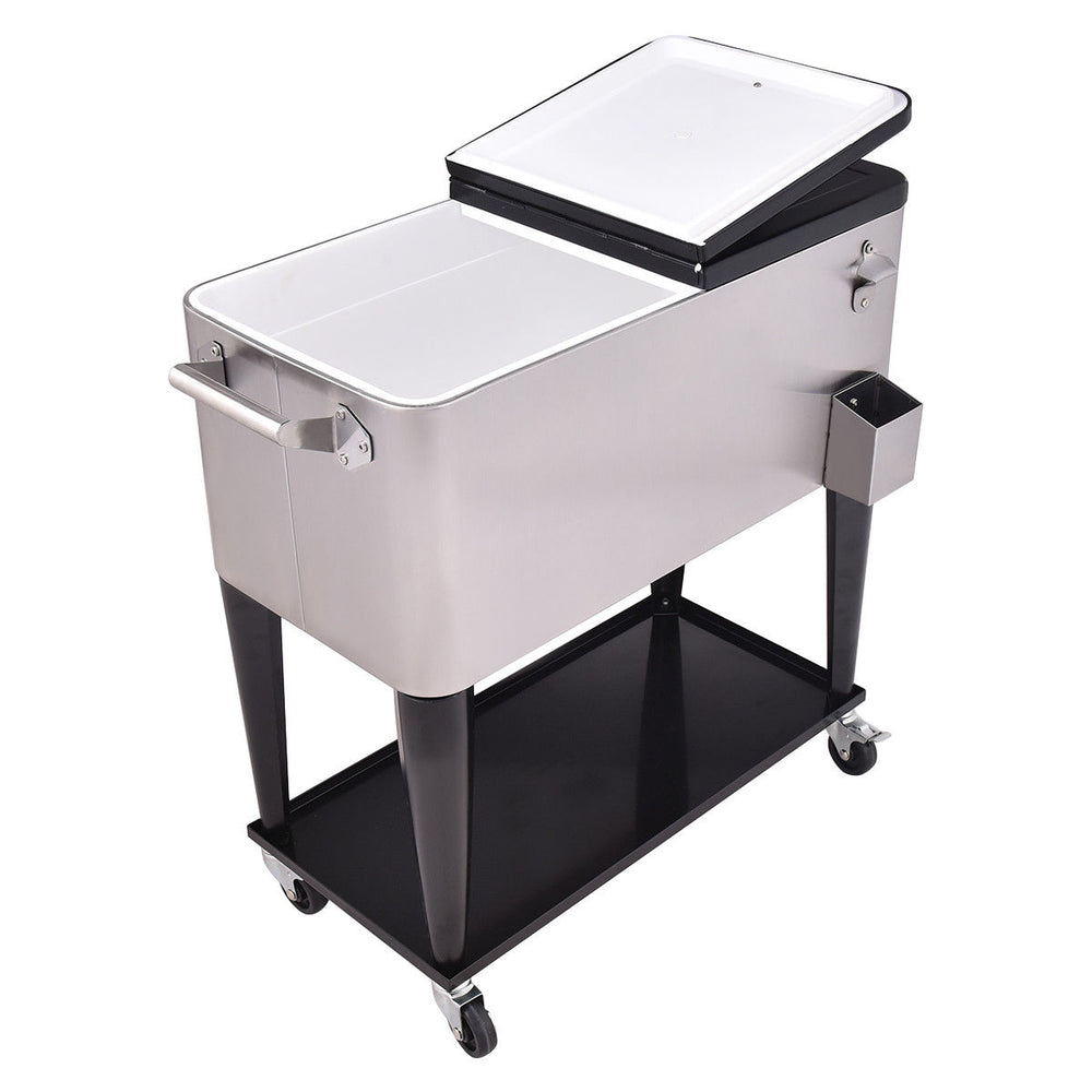Stainless steel 80 quart patio rolling cooler with dual access lids, locking casters, and bottom shelf for easy.