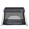 Lightweight foldable baby playpen in dark gray, featuring a soft mattress for comfort and a zipper door for easy access.