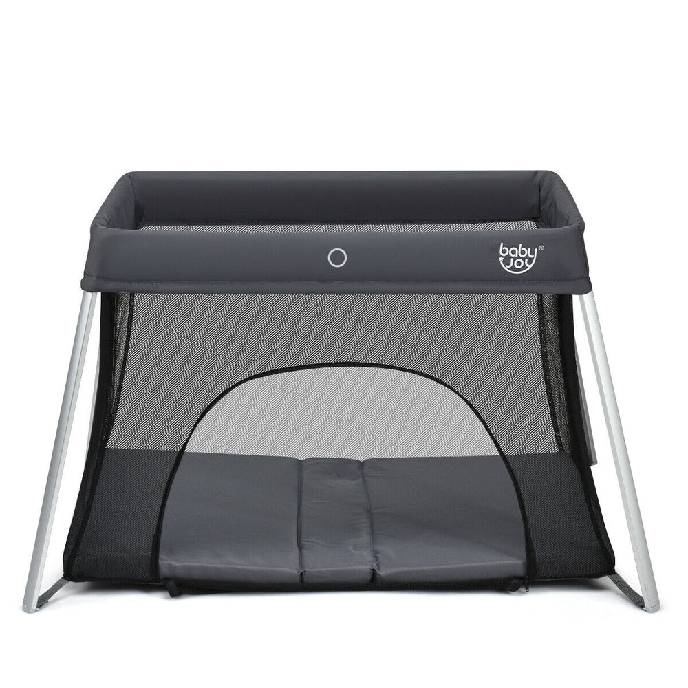 Lightweight foldable baby playpen in dark gray, featuring a soft mattress for comfort and a zipper door for easy access.