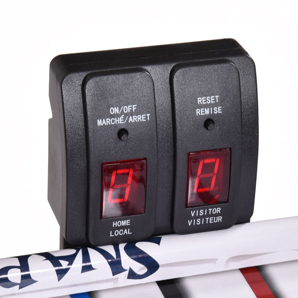 Electronic scorer for 42-inch air hockey table, featuring on/off and reset buttons, ideal for kids' gameplay.