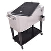 Stainless steel 80 quart patio rolling ice beverage cooler with dual access lids and bottom shelf for outdoor.