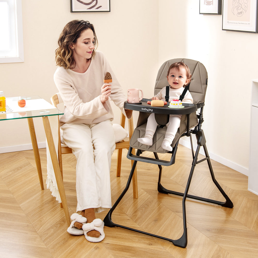 Easy Clean Compact Highchair with Removable Adjustable Tray and PU Seat Cushion-Brown - Gallery View 1 of 10