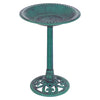 Green pedestal bird bath feeder made of weather-resistant resin, featuring a decorative bowl and easy no-tool assembly.
