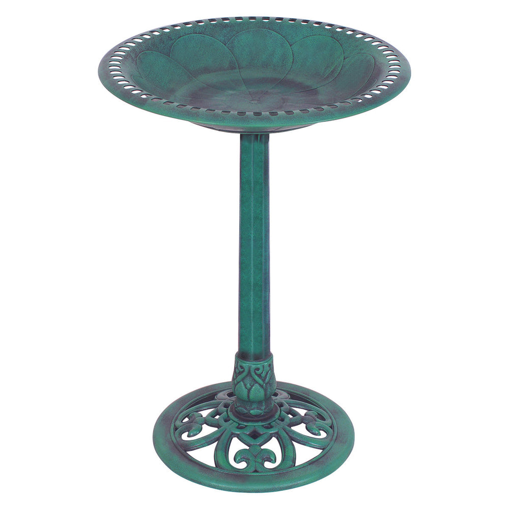 Green pedestal bird bath feeder made of weather-resistant resin, featuring a decorative bowl and easy no-tool assembly.