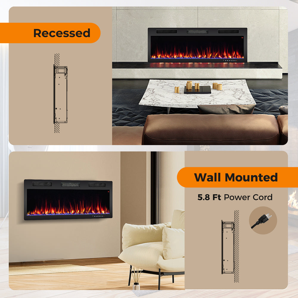 Electric fireplace in recessed and wall-mounted styles, featuring adjustable flame colors and 750W/1500W heat settings.