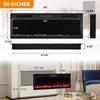 50-inch electric fireplace with adjustable flame colors, remote control, and recessed or wall-mounted installation.