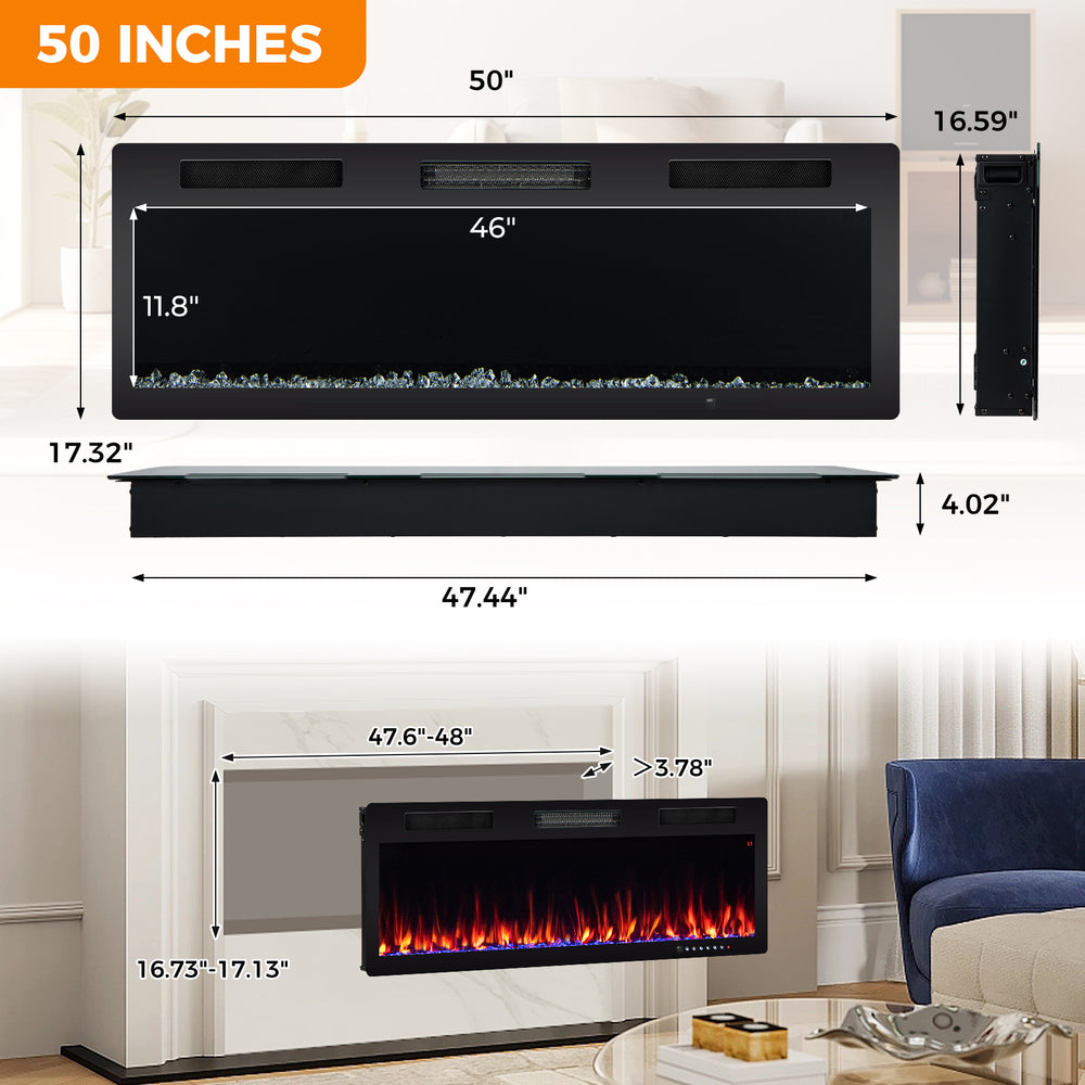 50-inch electric fireplace with adjustable flame colors, remote control, and recessed or wall-mounted installation.