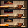 Electric fireplace with adjustable flame colors and brightness, showcasing flame and heat modes for cozy ambiance.