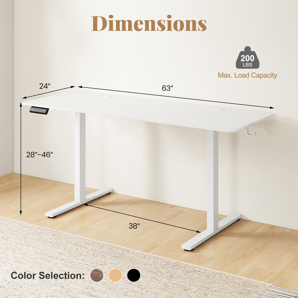 Electric standing desk in white with dimensions 63"x24", adjustable height 28"-46", featuring cable holes and hooks.