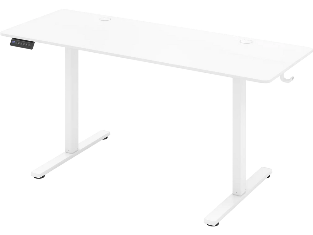 Electric standing desk in white with adjustable height, 3 memory settings, 2 hooks, and cable management holes.