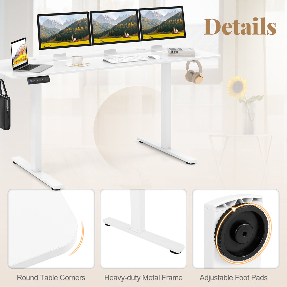 Electric standing desk in white with adjustable height, memory settings, and cable management for an organized.