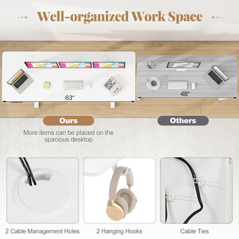 Electric standing desk with 63” spacious desktop, 2 cable management holes, and 2 hanging hooks for organized workspace.