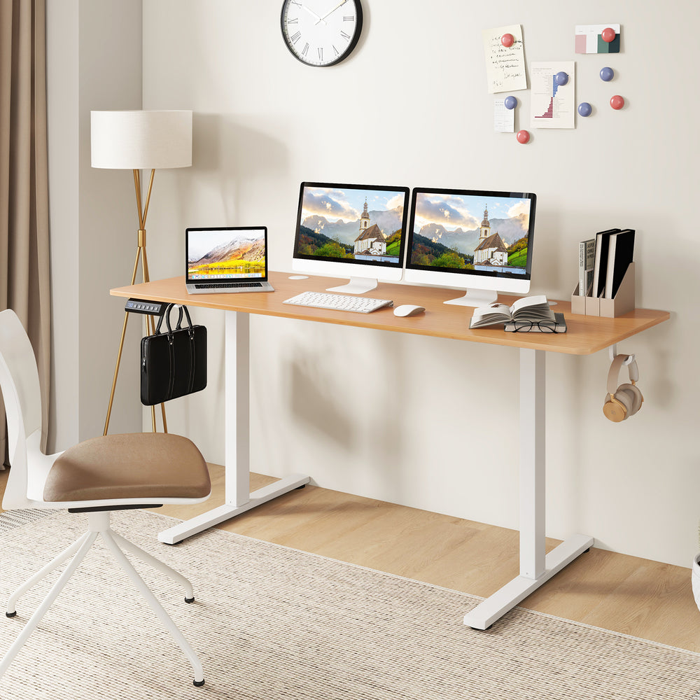Electric Standing Desk with 3 Memory Heights and 2 Hanging Hooks and Cable Holes-Natural - Gallery View 1 of 10