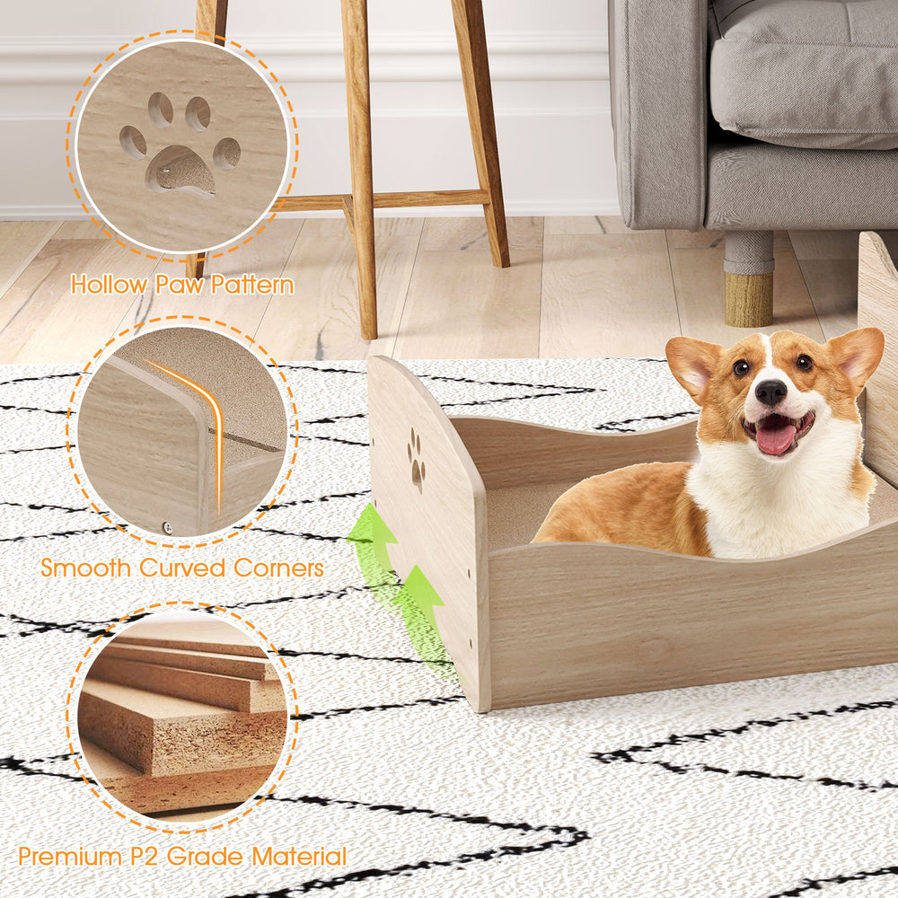 Elevated pet bed frame in walnut with ear-shaped headboards, hollow paw pattern, and smooth curved corners for small.