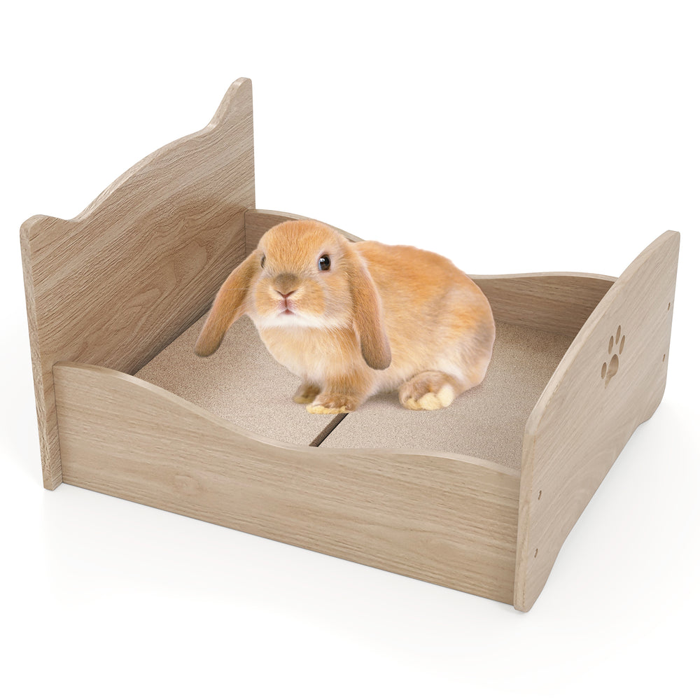 Elevated pet bed frame with ear-shaped headboards, protective guardrails, and walnut finish for small pets like rabbits.