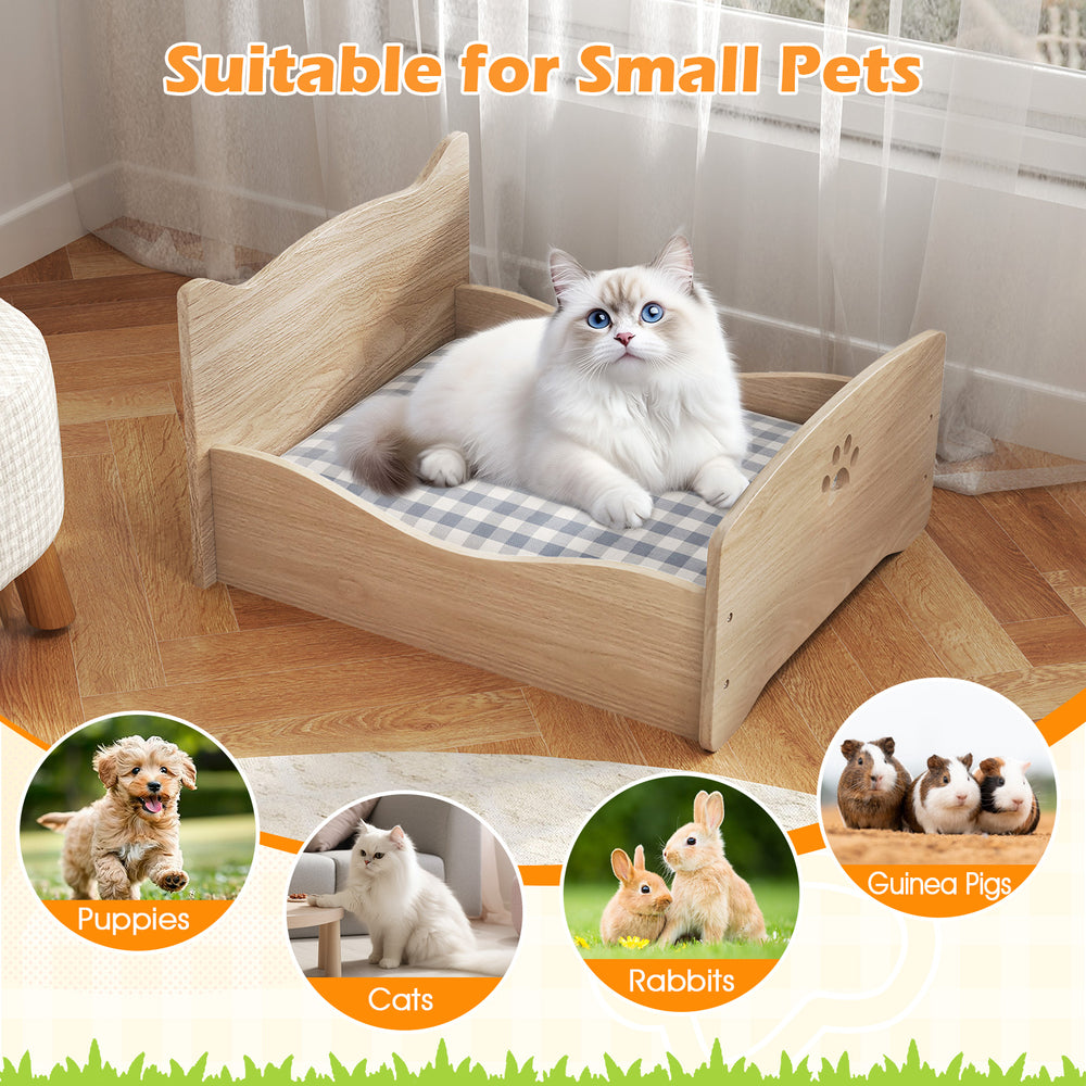 Elevated pet bed frame with ear-shaped headboards, walnut finish, suitable for small pets like puppies and rabbits.