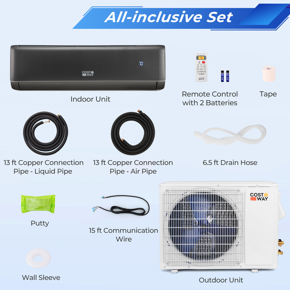 GreyVolt Series 12000 BTU mini split air conditioner and heater set with indoor and outdoor units, remote control, and.