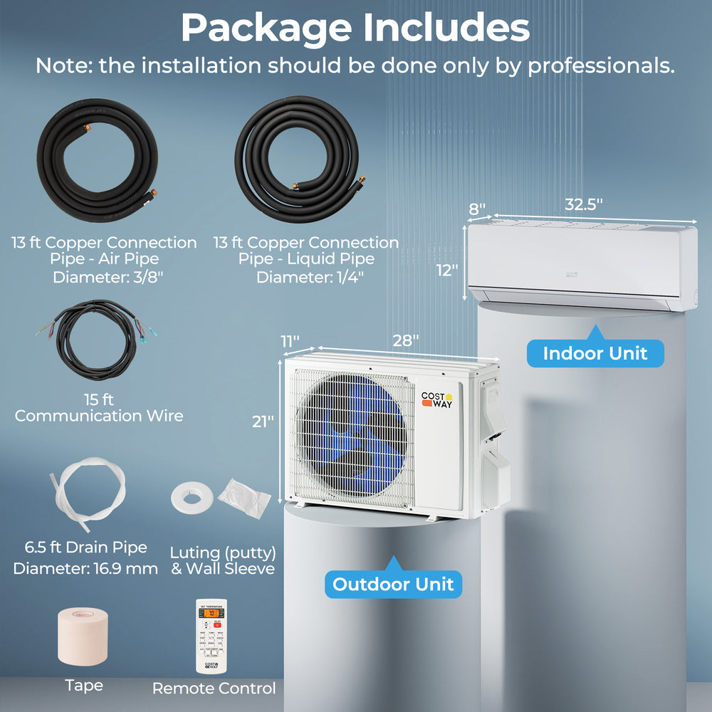 Indoor and outdoor units of the SEERXtreme Mini Split Heat Pump with installation kit for efficient heating and cooling.