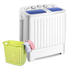 Compact twin tub washing machine with separate timer controls and drainage tube, ideal for home use and small spaces.