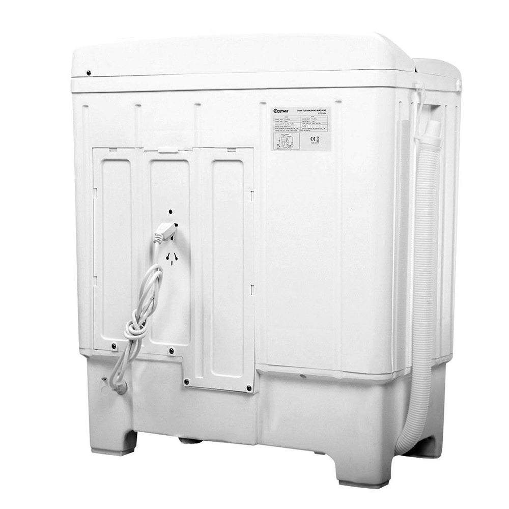 Side view of the 20 lbs compact twin tub washing machine showcasing its compact design and drainage tube for easy water.