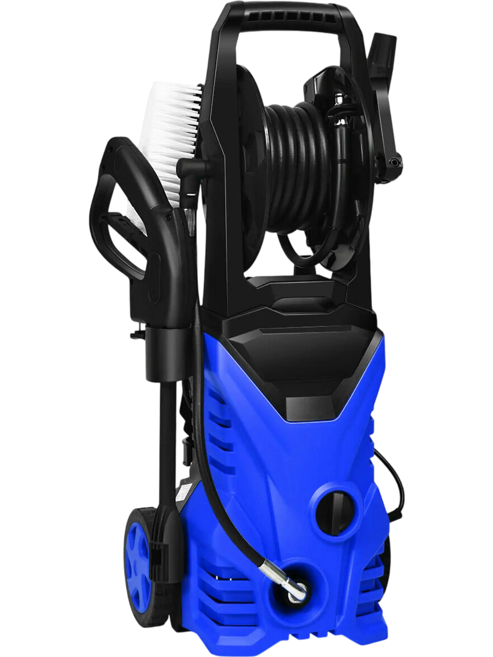 Front view of the 1800W electric pressure washer in blue, featuring durable design and hose reel for convenient storage.