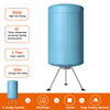 Portable ventless laundry dryer in blue, holding up to 22 lbs, designed for compact storage and energy-efficient drying.