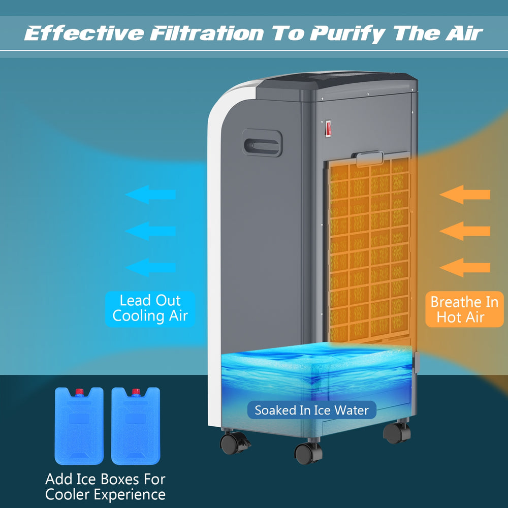 Portable air cooler fan with heater and humidifier function, featuring honeycomb cooling media and remote control for.
