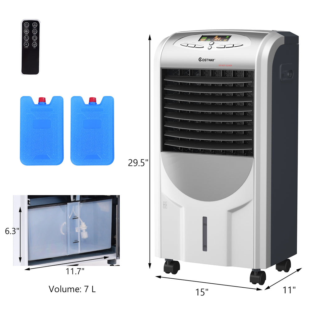 Portable air cooler fan with heater, humidifier, and remote control; features honeycomb cooling and 7L water tank.
