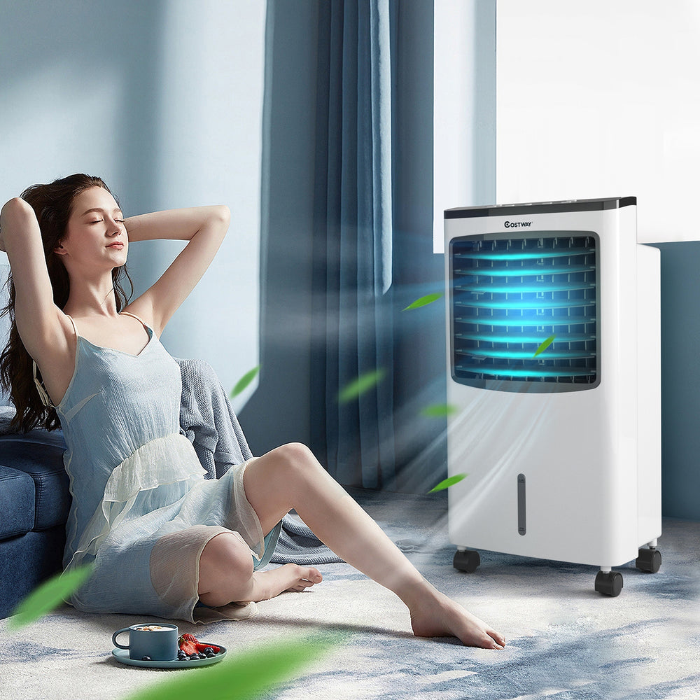 Portable evaporative air conditioner cooler with remote control, featuring a large 8L water tank and customizable.