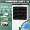 Portable evaporative air conditioner cooler with 8 L water tank, remote control, and 3 fan modes for home or office use.