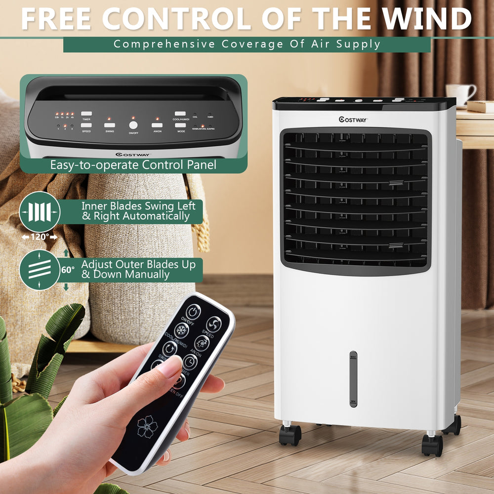 3-in-1 portable evaporative air conditioner with remote control, featuring a large water tank and user-friendly LED.