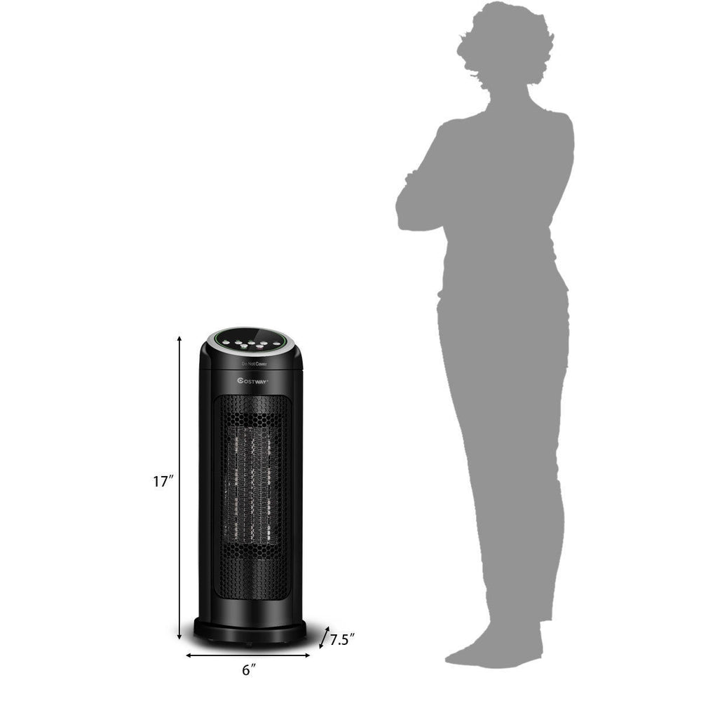 Portable oscillating PTC ceramic space heater in black, 17" tall, features LED display and remote control for.