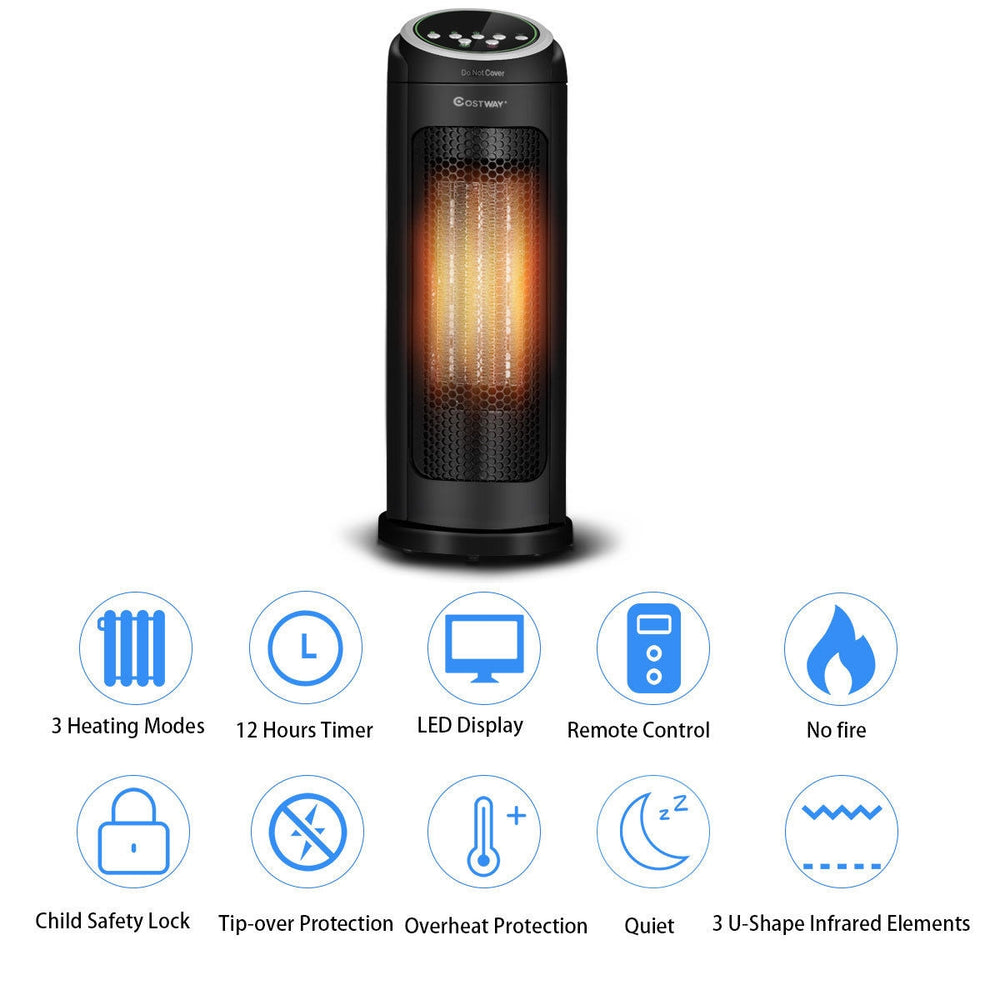 Portable oscillating PTC ceramic space heater with LED display, remote control, and 3 heating modes for efficient.