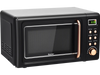 700W retro countertop microwave oven in black with golden accents, featuring 5 power levels and 8 auto cooking modes.