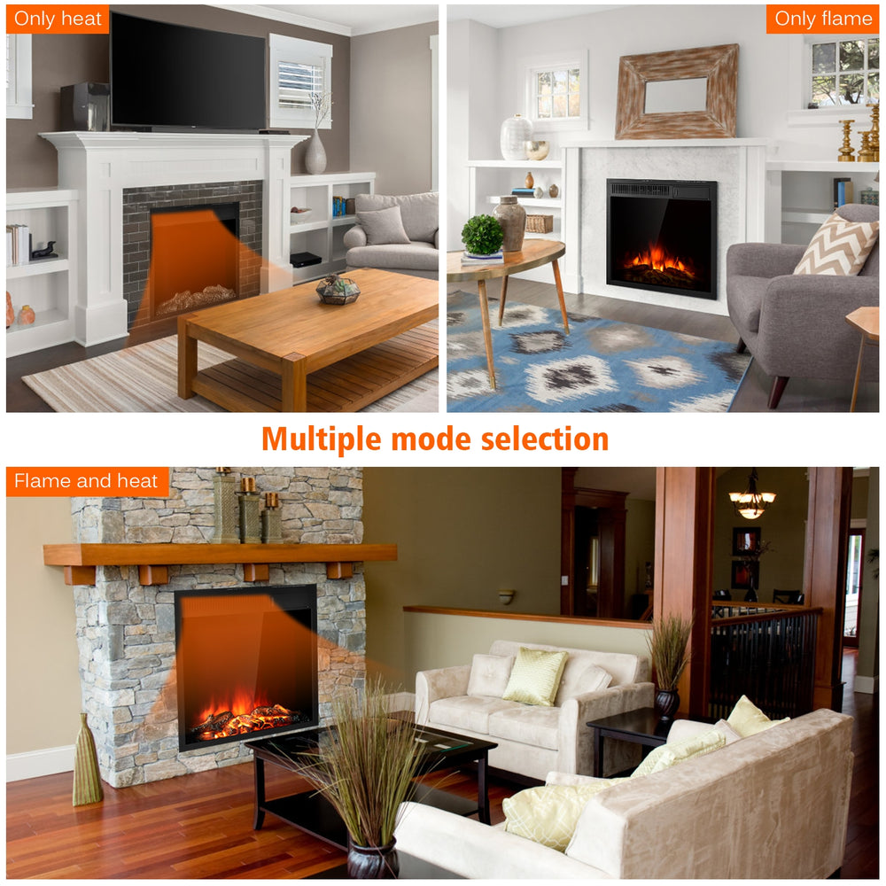 Freestanding 22.5-inch electric fireplace insert with realistic flames, 750W/1500W heat settings, ideal for home decor.