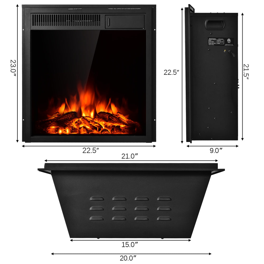 22.5-inch electric fireplace insert with realistic flames, 750W/1500W heat settings, ideal for home decor and warmth.