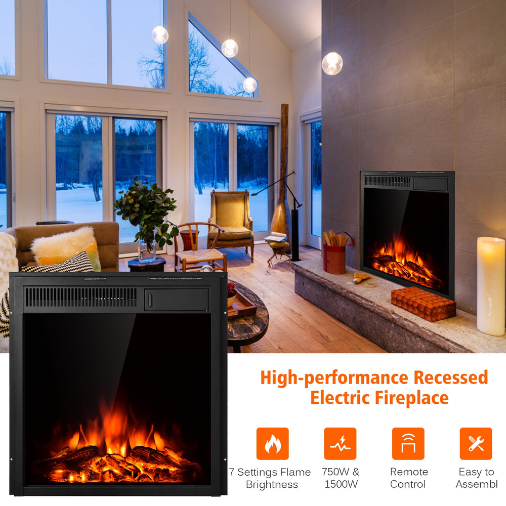 22.5-inch electric fireplace insert with realistic flames, 750W/1500W settings, perfect for stylish home decor.